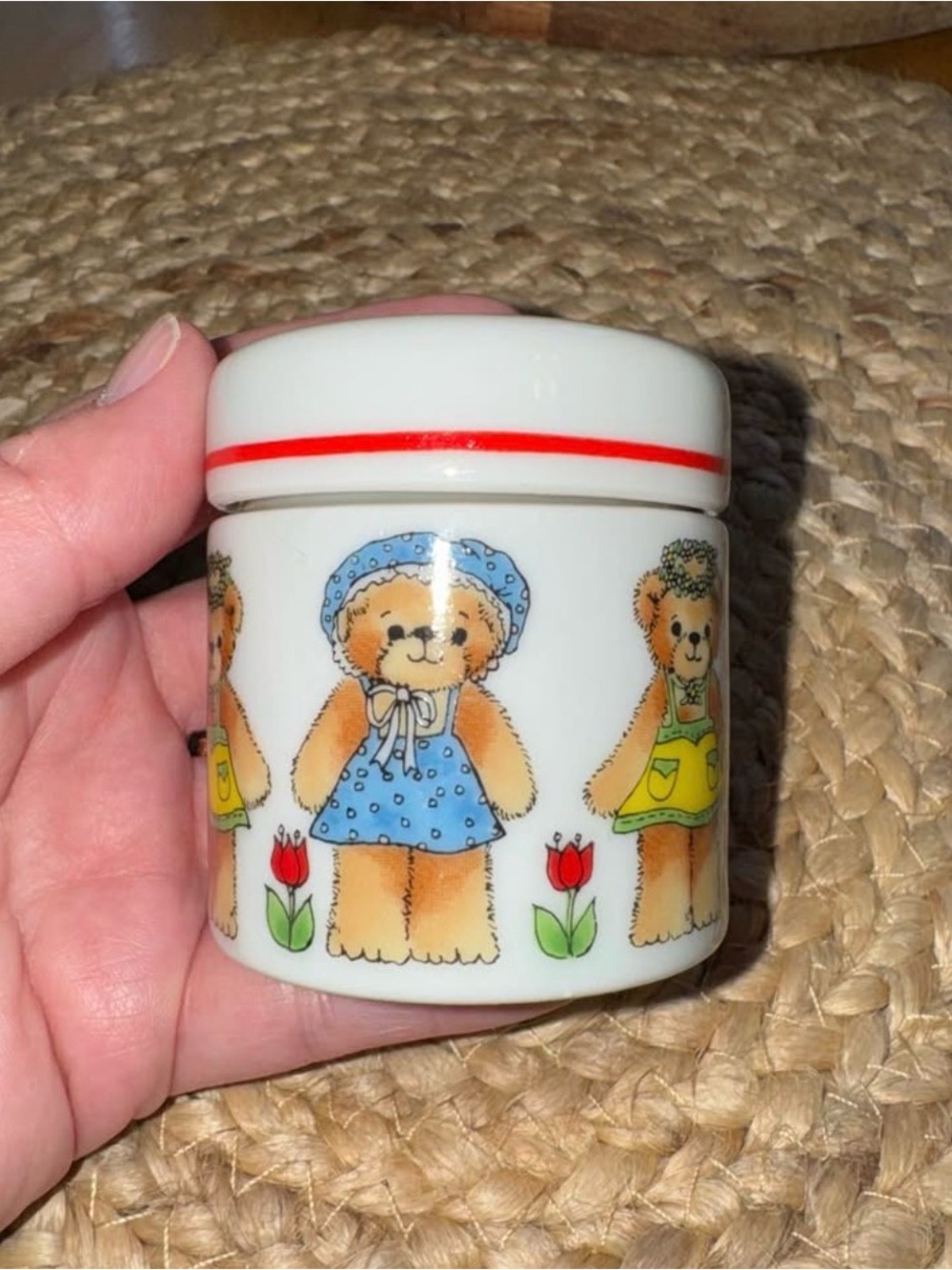 Cute Teddy Bear Ceramic Trinket Jar - Blue & Yellow Bears 1981 Lucy & Me